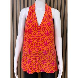 Trina Turk Women's Pink Orange Geometric Silk V-Neck Halter Blouse Top Medium